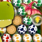 緑の恐竜とピンクの翼竜が斑点付きのカラフルな卵の前に描かれているイラスト。