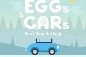 青い車と「EGGs & CARs」と書かれた文字が描かれたイラスト。