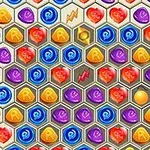 カラフルな六角形のグリッドには、様々な色と記号が描かれたタイルが並んでいる。