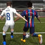 サッカースタジアムでボールを追う白いユニフォームの選手と青と赤のストライプのユニフォームの選手。
