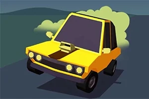 黄色い車が道路を走行し、後ろに煙を出しているイラスト。