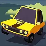 黄色い車が道路を走行し、後ろに煙を出しているイラスト。