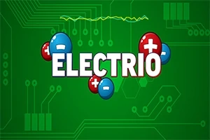 緑色の背景に回路とプラス・マイナス記号の付いた青と赤の球体があり、「ELECTRIO」という文字が中央に描かれています。
