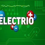緑色の背景に回路とプラス・マイナス記号の付いた青と赤の球体があり、「ELECTRIO」という文字が中央に描かれています。