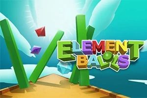 空に向かって斜めに立つ緑の柱と色とりどりの立方体、そして「ELEMENT BALLS」という立体的な文字。