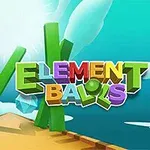 空に向かって斜めに立つ緑の柱と色とりどりの立方体、そして「ELEMENT BALLS」という立体的な文字。