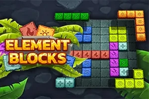 カラフルなブロックが並ぶパズルボードと葉に囲まれた「ELEMENT BLOCKS」という文字。
