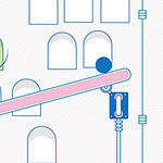 青い玉とピンクの板が傾いた背景に白いアーチ型の窓が並ぶイラスト。