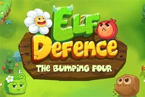 緑の背景に「Elf Defence The Bumping Four」と書かれた木製の看板と顔のある花や果物のキャラクターが描かれている。