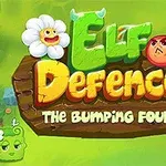 緑の背景に「Elf Defence The Bumping Four」と書かれた木製の看板と顔のある花や果物のキャラクターが描かれている。