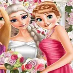 3人のアニメ風キャラクターが花束を持ち、華やかなドレスを着て微笑んでいる姿。