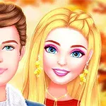 金髪の女性と茶髪の男性が並んで微笑んでいる秋の背景。
