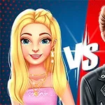 金色の髪の女性と茶色の髪の男性が対照的に描かれ、中央に「VS」の文字が配置されているイラスト。