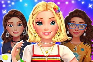 3人のカラフルな衣装を着たキャラクターたちが笑顔で並んでいるイラスト。