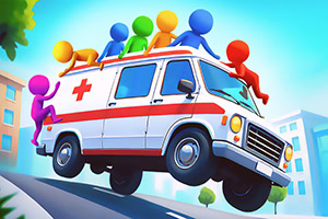 カラフルなスティックフィギュアが救急車に乗っているイラスト。