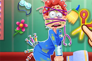 頭に多くの道具を付けた赤毛のキャラクターが驚いた表情をしている。