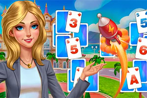 金髪の女性がカードとロケットが飛んでいるカラフルな背景の前に立っている。
