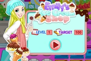 金髪の女性がアイスクリームを持ち、カラフルな背景に「Emilys Ice Cream Shop」と書かれたタイトルが表示されている。