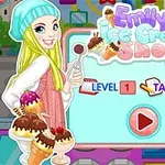 金髪の女性がアイスクリームを持ち、カラフルな背景に「Emilys Ice Cream Shop」と書かれたタイトルが表示されている。