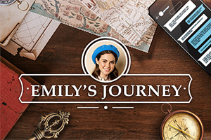 木製の机の上に地図、ノート、コンパス、スマートフォンが置かれ、「EMILYS JOURNEY」と中央に書かれたロゴがあります。
