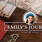 木製の机の上に地図、ノート、コンパス、スマートフォンが置かれ、「EMILYS JOURNEY」と中央に書かれたロゴがあります。