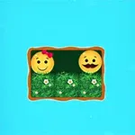 緑の草地の上に花が咲いた中に、赤いリボンをつけた笑顔の絵文字と口ひげをつけた笑顔の絵文字が並んでいるイラスト。