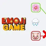 花、蜂、ブタの鼻、ブタ、雨、傘の絵文字と「EMOJI GAME」の文字が描かれたイラスト。