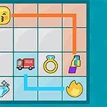 キス顔の絵文字、消防車、指輪、スマートフォンを持つ手の絵、ダイヤモンド、炎のアイコンがグリッド上に配置され、オレンジと青の線で繋がれています。