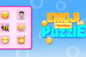 青い背景にピンクの枠で囲まれた絵文字のグリッドと「EMOJI Matching Puzzle」というタイトル。