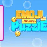 青い背景にピンクの枠で囲まれた絵文字のグリッドと「EMOJI Matching Puzzle」というタイトル。