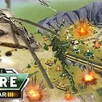 軍用ヘリコプターが空を飛びながら地上の施設が爆発している様子。