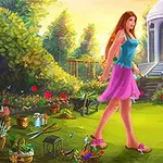 庭園でピンクのスカートを履いた女性が歩き、周囲には色とりどりの花や庭の道具が散らばっている。