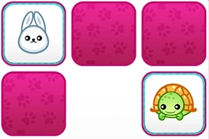 ピンクの背景に白いウサギと緑のカメのイラストが描かれたカード。