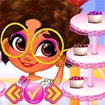 大きなメガネをかけたキャラクターが、ピンクのスタンドに配置されたカップのキャンディーを見つめている。