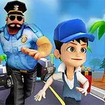 警察官のキャラクターが少年を追いかけているイラスト。