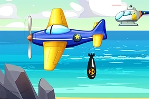 青いプロペラ機が海上に爆弾を落とし、背景にヘリコプターが飛んでいる。