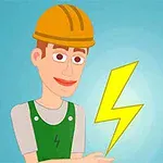 黄色のヘルメットをかぶった男性が電気の稲妻マークを持っているイラスト。