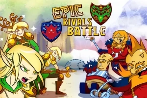 漫画スタイルのエルフと戦士たちが対峙し、背景に森が描かれているイラスト。