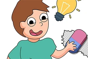 男の子が大きな消しゴムで紙の一部を消しており、頭上に電球が浮かんでいるイラスト。