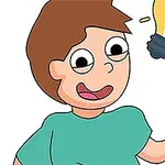 男の子が大きな消しゴムで紙の一部を消しており、頭上に電球が浮かんでいるイラスト。
