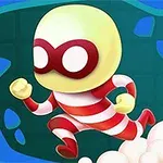 赤と白のボーダー服を着たキャラクターが走っている姿。