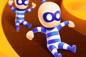 青と白のストライプの衣装を着たキャラクターたちが滑り台を滑っている。