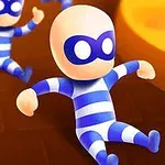 青と白のストライプの衣装を着たキャラクターたちが滑り台を滑っている。