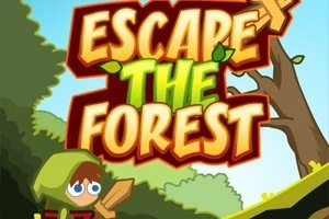 緑のフードをかぶったキャラクターが木の剣を持ち、背景に「ESCAPE THE FOREST」という文字が描かれている。