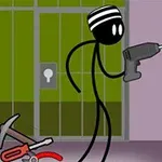 刑務所の中で、黒い棒人間がドリルを持って格子窓に向かっているシーン。