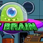 緑色の一つ目のキャラクターが透明なドーム内にいる紫色とピンクのUFO、背景は機械的な室内。