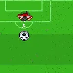 サッカーゲームのフィールド上で、ゴール前にサッカーボールと2人のキャラクターが配置されているシーン。