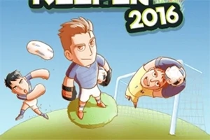 サッカーのフィールドにいる3人のアニメ風キャラクター、ゴールキーパーがパンチングでボールを防いでいるシーン。
