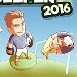 サッカーのフィールドにいる3人のアニメ風キャラクター、ゴールキーパーがパンチングでボールを防いでいるシーン。
