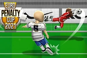 サッカー場でボールを蹴る選手とゴールキーパーがシュートをキャッチしようとしている。